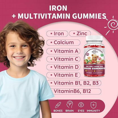 Iron Supplement Gummies for Kids - with Calcium, Zinc, Kids Multivitamin with Iron Gummies - Immune Support, Blood Builder & Energy Support for Iron Deficiency, Anemia, Vegan - 60 Count