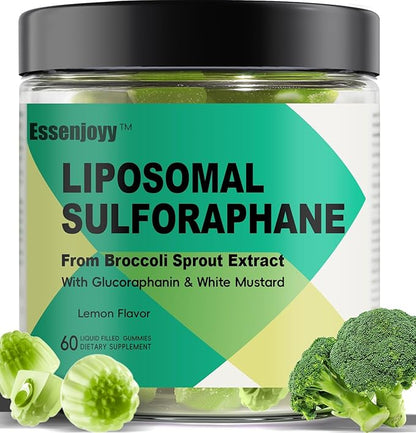 Liposomal Sulforaphane Supplement Gummies 150mg - Organic Broccoli Sprout Extract Supplement with Glucoraphanin, White Mustard for Antioxidant, Detox - Sugar Free, Lemon Flavored,60 Counts