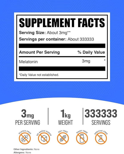 BulkSupplements.com Melatonin Powder - Pure Melatonin, Sleep Aid for Adults - Vegan & Gluten Free, 3mg per Serving, 1kg (2.2 lbs) (Pack of 1)