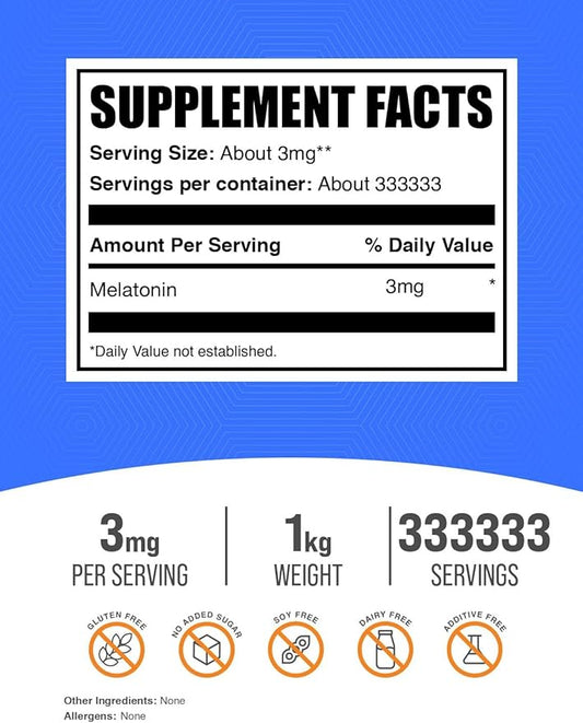 BulkSupplements.com Melatonin Powder - Pure Melatonin, Sleep Aid for Adults - Vegan & Gluten Free, 3mg per Serving, 1kg (2.2 lbs) (Pack of 1)