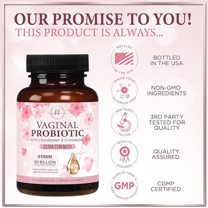 Vaginal Probiotics for Women - Gently Support Feminine Health, pH Balance, Healthy Odor & Vaginal Flora - 50 Billion CFU - Improved Formula with Lactobacillus, Prebiotics & Cranberry - 60 Capsules
