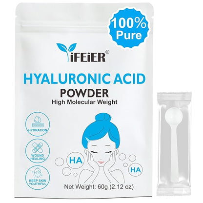 100% Pure Hyaluronic Acid Powder | High Molecular Weight Hyaluronic Acid Serum Powder | 60g(2.12oz) Cosmetics Grade | Sodium Hyaluronate | HMW Hyaluronic Acid ingredient for DIY Serums