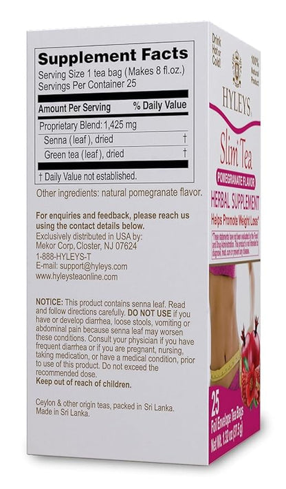 Hyleys Slim Tea Pomegranate Flavor - Weight Loss Herbal Supplement Cleanse and Detox - 25 Tea Bags (12 Pack)