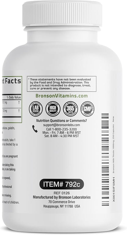 Bronson Milk Thistle Silymarin Marianum & Dandelion Extract Liver Health Support, Antioxidant Support, Detox, 250 Capsules