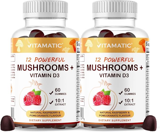 Vitamatic Mushroom Complex Gummies with D3 – Plant-Based Botanical Extract – Pectin-Based, Non-GMO – Herbal Supplement Gummies – 60 Count - 2 Pack (120 Count)