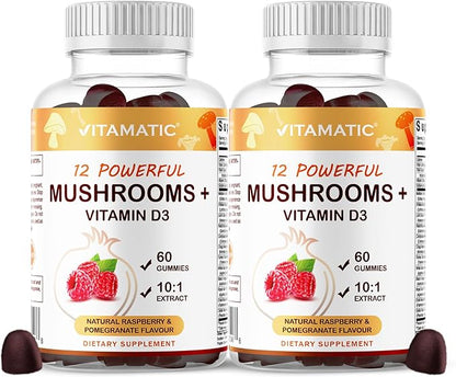 Vitamatic Mushroom Complex Gummies with D3 – Plant-Based Botanical Extract – Pectin-Based, Non-GMO – Herbal Supplement Gummies – 60 Count - 2 Pack (120 Count)