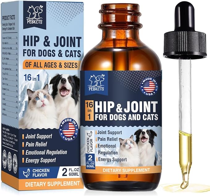 16-In-1 Glucosamine for Dogs & Cats Liquid Hip & Joint Supplement Type II Collagen Drops with Chondroitin+MSM+Hyaluronic Acid for Pain Relief Helps Mobility All Breeds Made in US Chicken Flavor 60ml