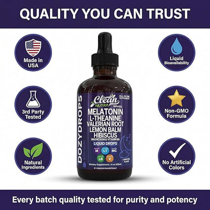 Clean Nutra Melatonin 10mg Drops Magnesium Vitamin B6 L-Theanine Valerian Hibiscus Lemon Balm Supplement Liquid Sugar-Free Vegan Non-GMO Natural Sleep Support Aid Lemon Tea Flavor 120mL Formula