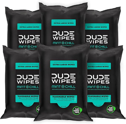 DUDE Wipes Mint Chill Travel Wipes - 6 Packs of 18 (108 Count) - Extra-Large Adult Flushable Wipes - Infused with Tea Tree Oil, Vitamin E, and Aloe - Septic and Sewer Safe