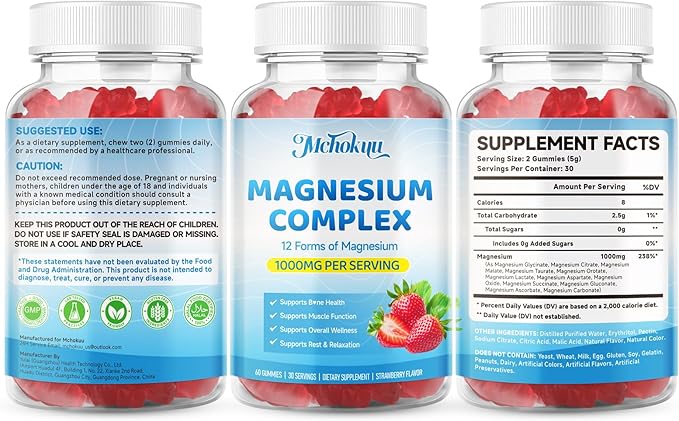Magnesium Complex Gummies 1000mg | 12-in-1 Magnesium Complex Supplement with Glycinate, Citrate, Malate & Taurate Supports Muscle Function, Bone Health, Rest & Relaxation – Strawberry Flavor, 60 Count