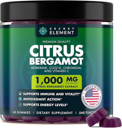 Citrus Bergamot 1000MG Gummies for Women and Men, Citrus Bergamot Extract with Berberine, CoQ10, Chromium & Vitamin C, Metabolic & Antioxidant Support, Sugar Free, Vegan, Lime Flavor, 60 Gummies