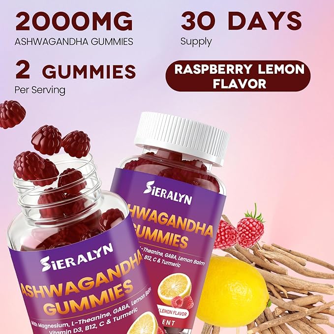 Ashwagandha Gummies 2000mg, Ashwagandha Supplements for Women Men with L-Theanine, GABA, Magnesium, Vitamins – Stress Relief, Immune & Mood Support, Sugar-Free, Vegan, Non-GMO, 120 Count