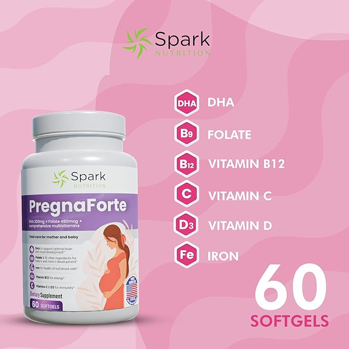 Pregnaforte 1 a day Prenatal vitamins for women 2 month: Folic acid, Fish Oil Omega 3 DHA/EPA, Vitamin D3, B6, Vitmain B12, C, E, Calcium, Iron, Magnesium, Zinc supplement FSA HSA eligble multivitamin