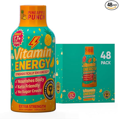 Vitamin Energy Immune+ Extra Strength Energy Shot Pineapple Punch 48 Pack, 260mg Natural Caffeine, B-Vitamins, Citicoline, Green Tea, Immunity & Focus Support, Zero Sugar, Gluten-Free 1.93 fl oz