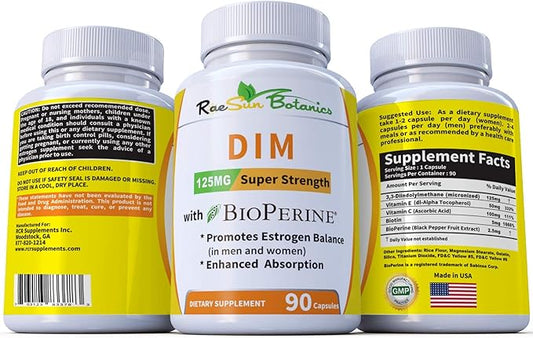 DIM Supplement 125mg - DIM Diindolylmethane Plus BioPerine 90-Day Supply of DIM for Estrogen Balance, Hormone Menopause Balance, Acne Support, Hair Skin and Nails