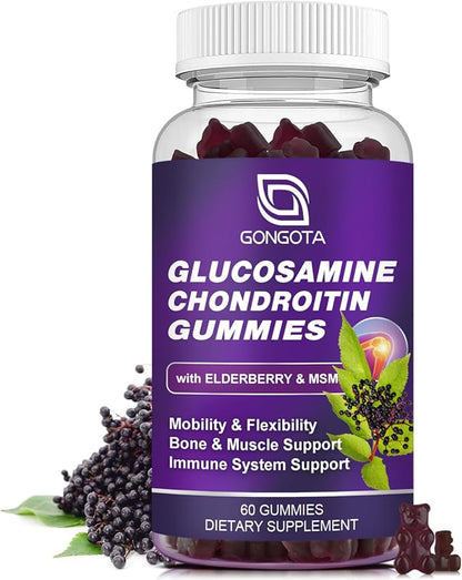 Glucosamine Chondroitin Gummies - 1- Pack, Extra Strength 1500mg Glucosamine with MSM & Elderberry, Flexibility Support, Best Cartilage & Immune Support Supplement for Men and Women - 60 Gummies