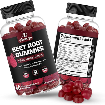 Beet Root Gummies - Super Nitric Oxide Beets Supplement - Red Beetroot Heart Chews with Grape Seed Power & B12- Pomegranate Flavor, 60 Chewables Beets