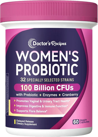 Doctor's Recipes Probiotics for Women, 100 Billion CFU 32 Strains, with Prebiotic, Enzymes & Cranberry, Shelf Stable, Delayed Release, 60 Caps