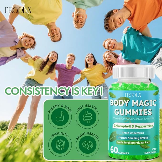 Body Magic Gummies, Chlorophyll Supplement with Peppermint & Chlorella - 60 Gummies, Lychee Flavor, Plant-Based Pectin, Supports Overall Wellness & Freshness