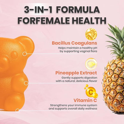 Premium Feminine Balance Gummies, for Women's Ph Health, Vaginal Wellness Support, Immune Support, Energy Support, Hawaiian Pineapple, Vegan Gluten-Free, 60 Gummies