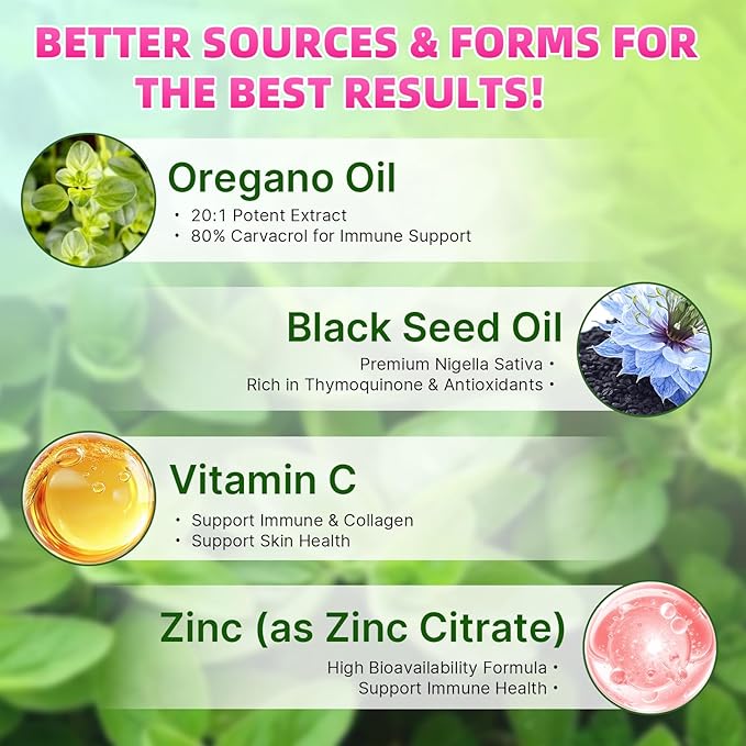 Oil of Oregano with Black Seed Oil, 2-in-1 Black Seed Oil Supplement for Women & Men Support Antioxidant Health, Sugar Free & Vegan Raspberry Herbal Gummies, 120 Count