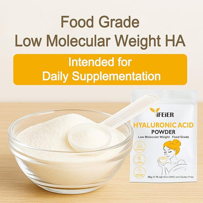 iFEiER Hyaluronic Acid Powder | Low Molecular Weight Food Grade Hyaluronic Acid | 50g(1.76oz) Sodium Hyaluronate Powder | HMW LMW HA | Skin Hydration and Joint Lubrication Supplements