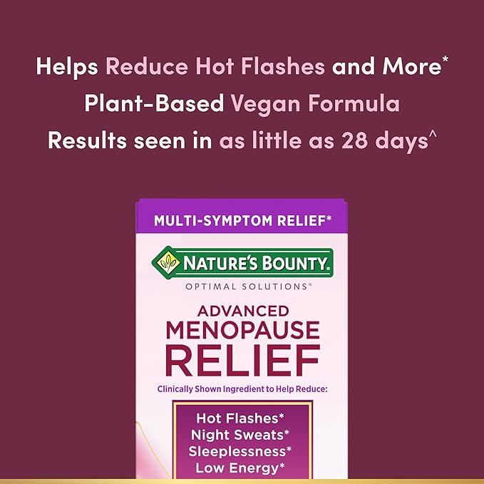 Nature’s Bounty Optimal Solutions Advanced Menopause Relief, Menopause Supplement for Women featuring Siberian Rhubarb, Hotflash Relief, No added Hormones, Drug-Free, 30 Tablets, 30 Total Servings