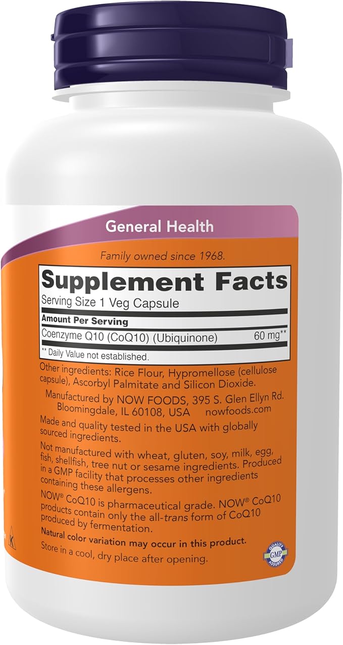 NOW Foods Supplements, CoQ10 60 mg, Pharmaceutical Grade, All-Trans Form of CoQ10 Produced by Fermentation, 180 Veg Capsules