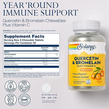 SOLARAY Quercetin with Bromelain and Vitamin C Chewables - Immune Support Supplement - Immune Defense and Heart Health Complex with 1250mg Vit C, Natural Orange Flavor, 60-Day Guarantee, 30 Serv, 90ct