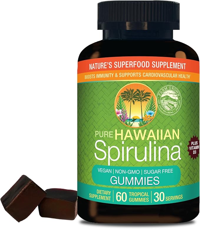 Nutrex Hawaii Pure Hawaiian Spirulina Gummies – Sugar-Free, Vegan Superfood Plus Vitamin D3, Farm Grown in Kona, Non-GMO, 60 Count
