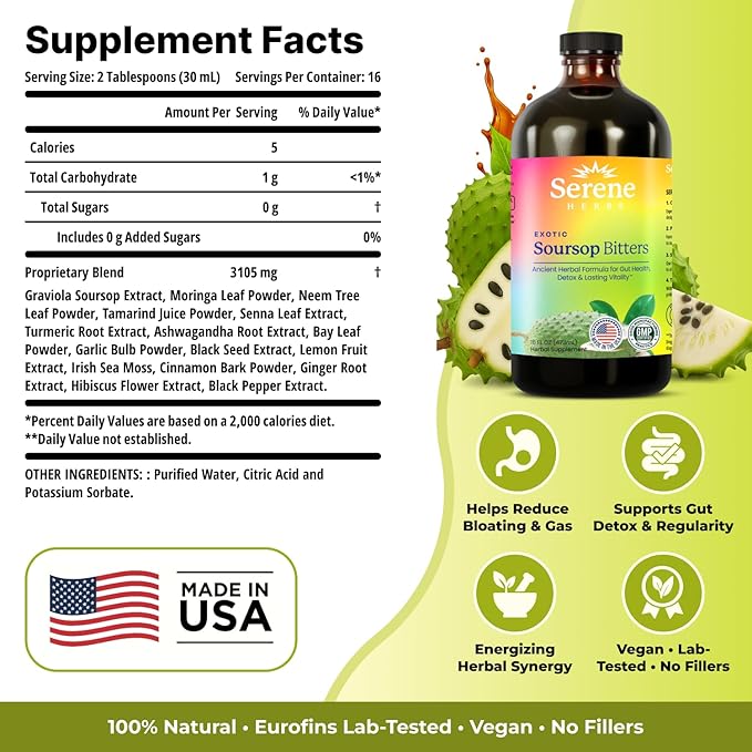 Serene Herbs - Soursop Bitters Liquid - Organic Herbal Guanabana Detox with Black Seed, Moringa & Ginger - Supports Digestive Wellness & Immune Function - 16 fl oz