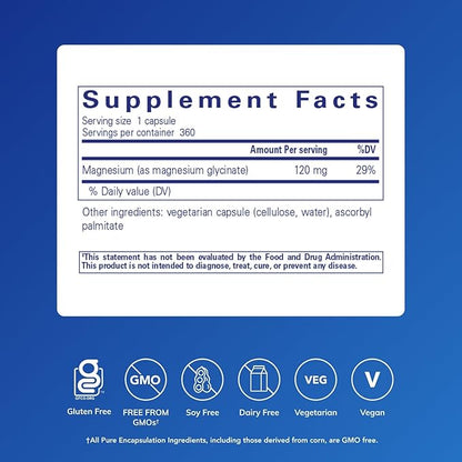 Pure Encapsulations Magnesium (Glycinate) - Supplement to Support Stress Relief, Sleep, Heart Health, Nerves, Muscles, and Metabolism* - with Magnesium Glycinate - 360 Capsules