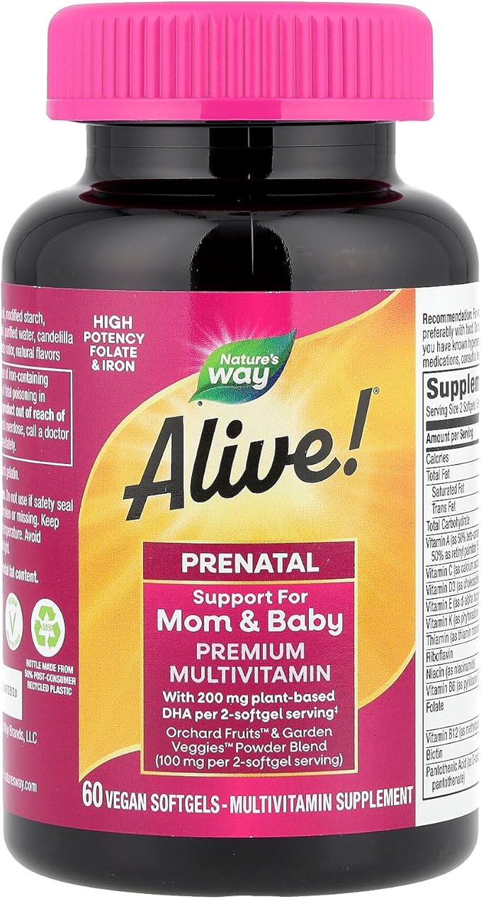 Nature's Way Alive! Complete Premium Prenatal Multivitamins for Women, Healthy Eye and Brain Development*, 60 Vegan Softgels