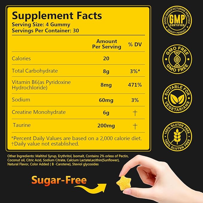 Creatine Gummies Sugar-Free with 6000 mg Creatine Monohydrate, Creatine for Women and Men Contains Vitamin B6 & Taurine, 120 Gummies