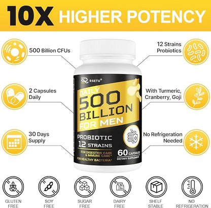 Probiotics for Men, 500 Billion CFUs & 12 Strains Mens Probiotic with Turmeric Cranberry, Goji, Gut Health for Men, for Digestive Health, Gut, Bloating & Gas, Immune, Energy Support, 120-Day Supply