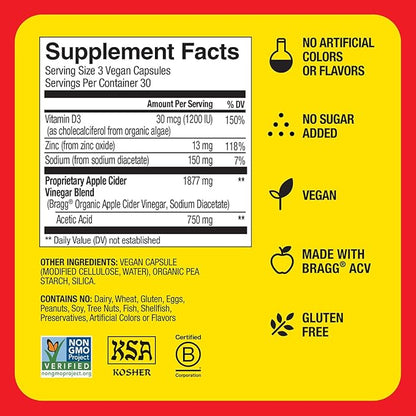Bragg Organic Apple Cider Vinegar Capsules with Vitamin D and Zinc - (3 Pack) 90 Count - Supports Immune System