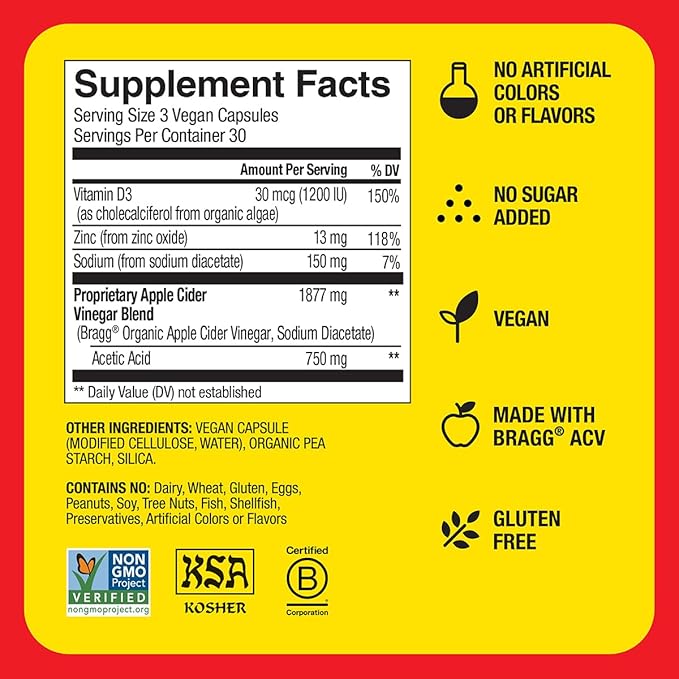 Bragg Organic Apple Cider Vinegar Capsules with Vitamin D and Zinc - 90 Count - Supports Immune System