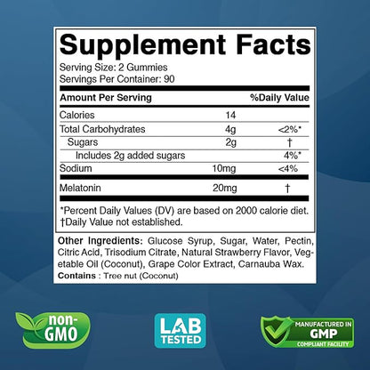 Vitabod Melatonin 20mg Gummies - 180 Count - Drug Free - Natural Strawberry Flavor - Vegetarian, Non-GMO, Gluten Free (2 Bottles)