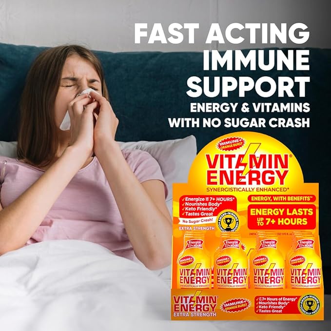 Vitamin Energy Immune+ Extra Strength Energy Shot Orange Burst 48 Pack, 260mg Natural Caffeine, B-Vitamins, Citicoline, Green Tea, Immunity & Focus Support, Zero Sugar, Gluten-Free 1.93 fl oz