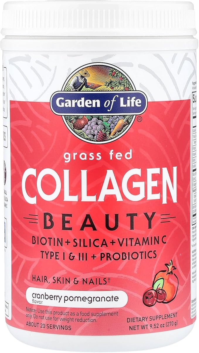 Garden of Life Grass Fed Collagen Beauty - Cranberry Pomegranate, 20 Servings, Powder for Women Men Hair Skin Nails, Hydrolyzed Collagen Peptides Protein Powder Supplement