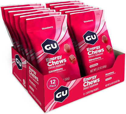 GU Energy Chews, Strawberry Energy Gummies with Electrolytes, Vegan, Gluten-Free, Kosher, 20 mg of Caffeine, and Dairy-Free On-The-Go Energy for Any Workout, 12 Bags (24 Servings Total) (Pack of 2)