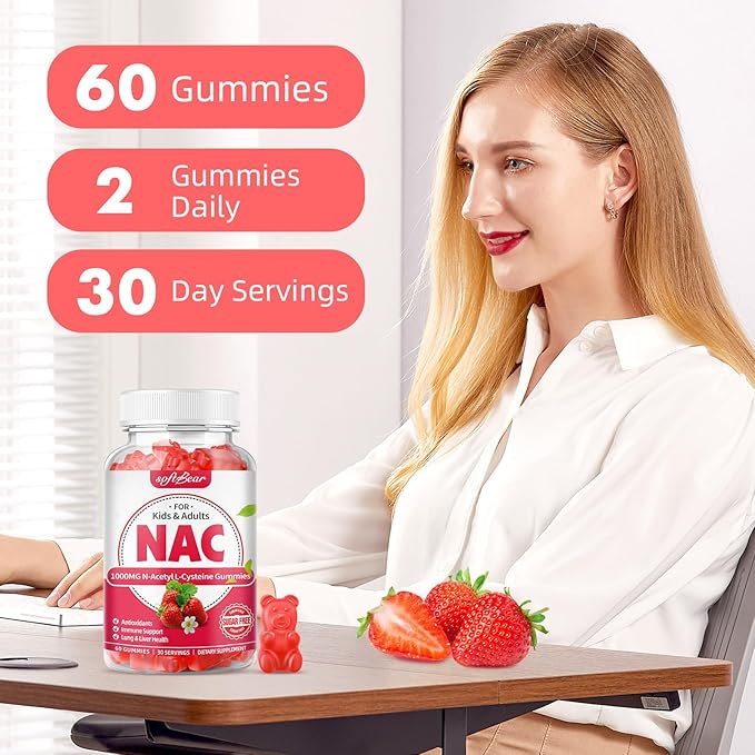 softbear 2 Pack NAC Gummies for Kids & Adults, NAC Supplement 1000mg N Acetyl Cysteine Supports Lung & Liver Health, Antioxidants & Immune System, Strawberry Flavor 120 Count