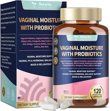Vaginal Probiotics for Women Vaginal Moisturizer, pH, Odor, Flora, Hormones, Comfort, Mood & Relaxation, 30-in-1 Vaginal Moisture Plus with Slippery Elm Bark, Hyaluronic Acid, Fenugreek - 120 Caps