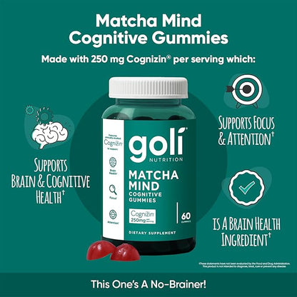 Goli Matcha Mind Gummies - 60 Count - Green Tea Leaves Powder with Cognizin for Focus, Attention and Brain Health, Vegan, Non-GMO, Gluten-Free & Gelatin Free.
