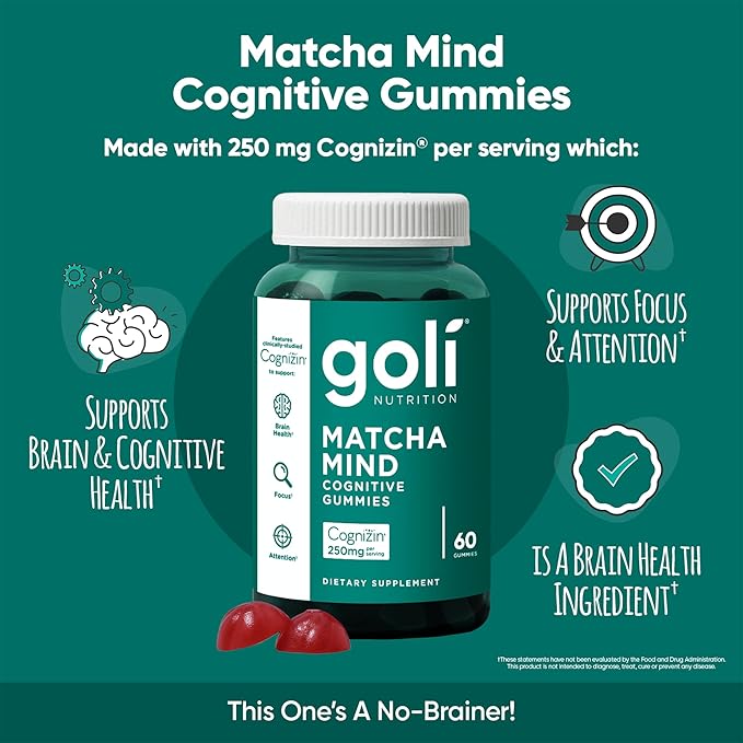 Goli Matcha Mind Gummies - 5 Pack - Green Tea Leaves Powder with Cognizin for Focus, Attention and Brain Health, Vegan, Non-GMO, Gluten-Free & Gelatin Free - 300 Count