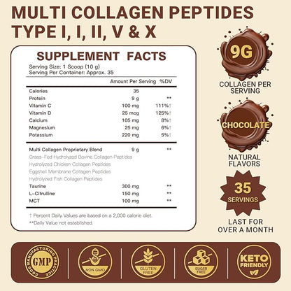 DRFOSTER Chocolate Collagen Peptides Powder for Women & Men, Multi Type I II III V X Collagen with multivitamins & Minerals for Skin, Hair & Nails & Joints, Non-GMO, 35 Servings