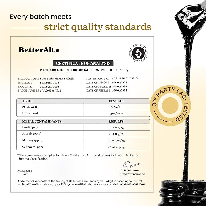 Better Alt Pure Himalayan Shilajit Resin Pack of 1 High Potency Gold Grade 75 Servings for Energy Boost & Immune Support, 85+ Trace Minerals, 75%+ Fulvic Acid, with Lab Test Report,400 mg