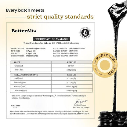 Better Alt Pure Himalayan Shilajit Resin Pack of 1 High Potency Gold Grade 75 Servings for Energy Boost & Immune Support, 85+ Trace Minerals, 75%+ Fulvic Acid, with Lab Test Report,400 mg