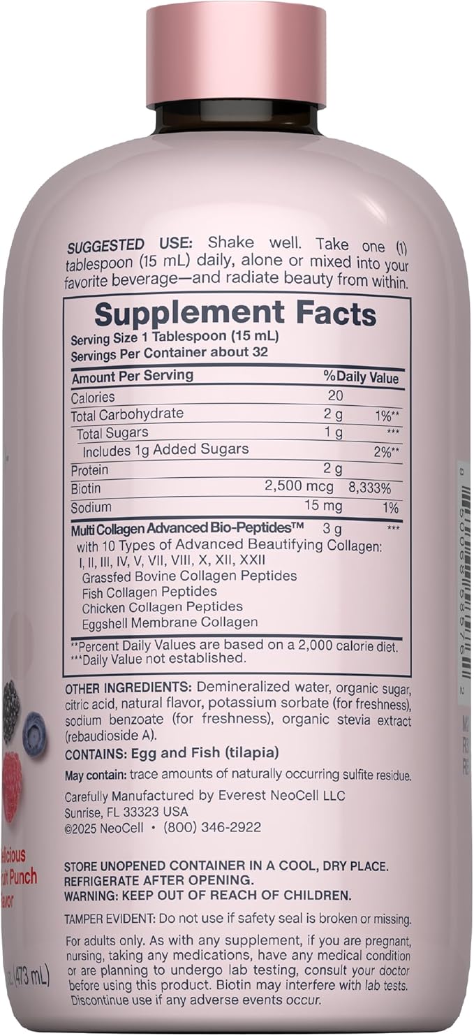 NeoCell Liquid Multi Collagen Peptides | 16 fl oz | with Biotin | Advanced Nourishing Formula | 10 Types of Bio-Peptides | Hair, Skin, & Nails | for Women and Men
