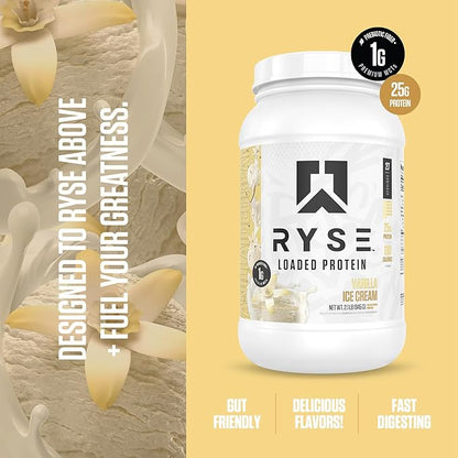 RYSE Loaded Protein Powder - Vanilla Ice Cream - 25g Whey Protein Isolate & Concentrate with Prebiotic Fiber & MCTs - Low Carb, Low Sugar, Digestive-Friendly - 27 Servings / 2 lb Tub